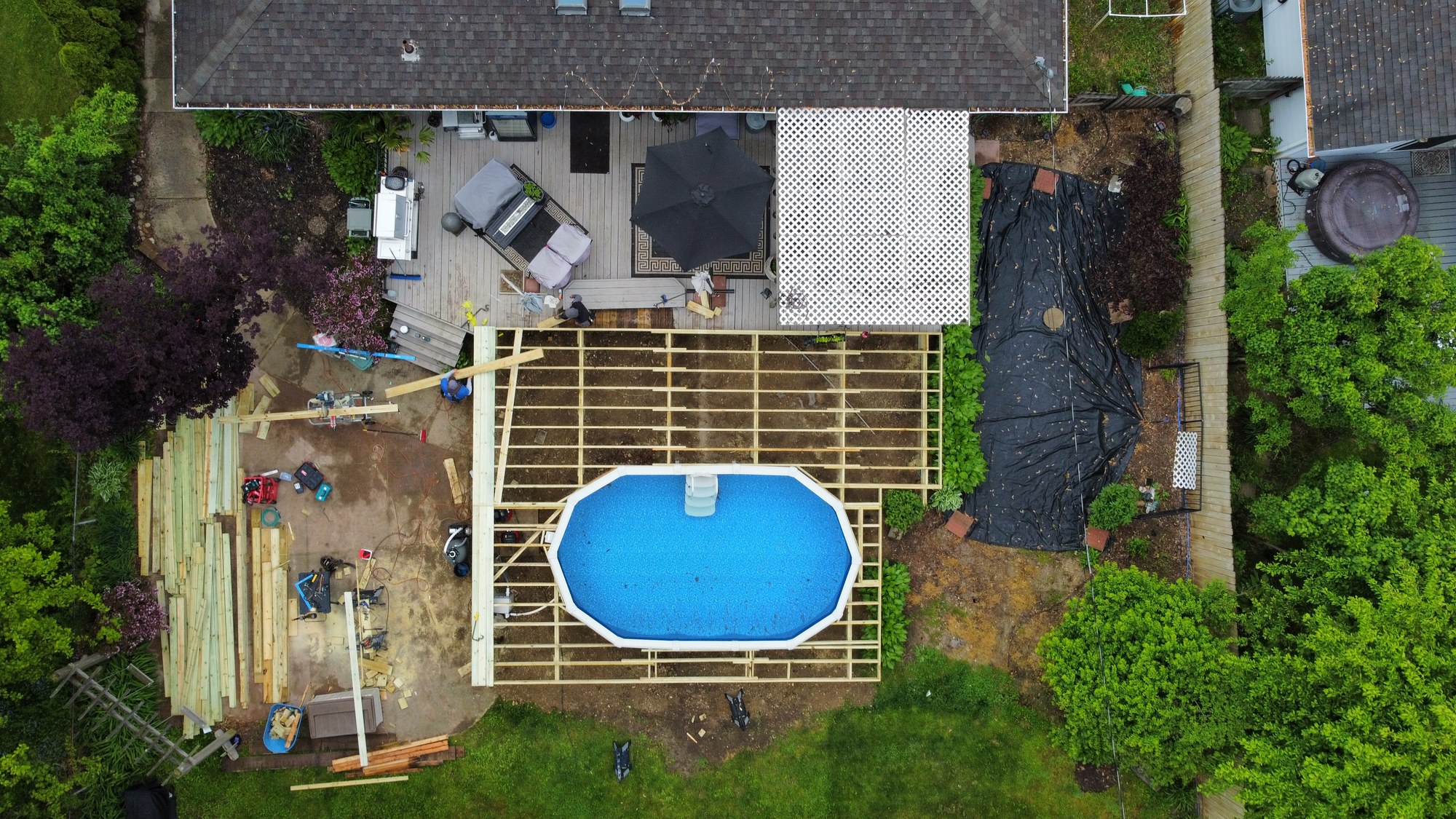 Aerial view of pool deck framing progress
