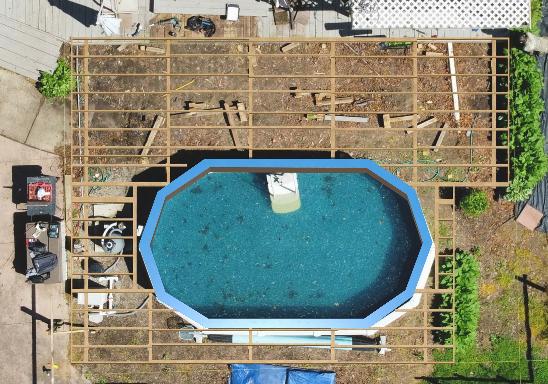 Top-down framing and structure layout model for the pool deck